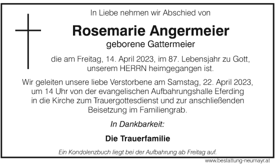 Traueranzeige von Rosemarie Angermeier von OÖNachrichten
