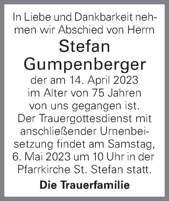 Traueranzeige von Stefan Gumpenberger von OÖNachrichten
