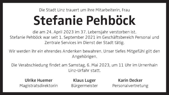 Traueranzeige von Stefanie Pehböck von OÖNachrichten