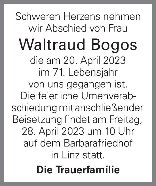 Traueranzeige von Waltraud Bogos von OÖNachrichten