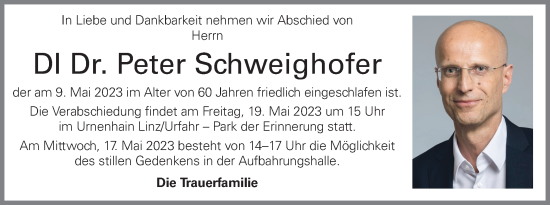 Traueranzeige von DI Dr. Peter Schweighofer von OÖNachrichten