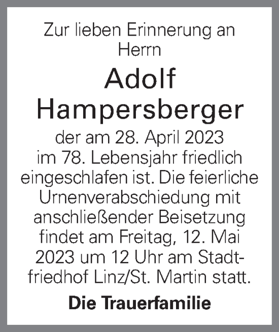 Traueranzeige von Adolf Hampersberger von OÖNachrichten