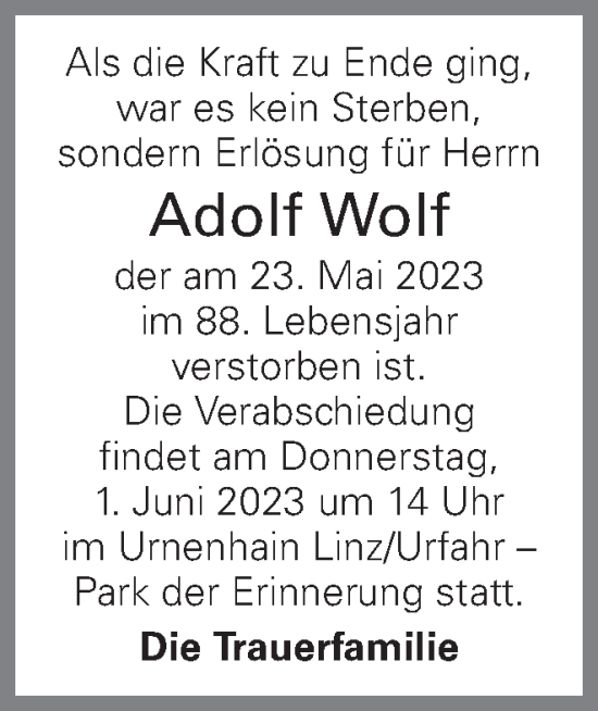 Traueranzeige von Adolf Wolf von OÖNachrichten