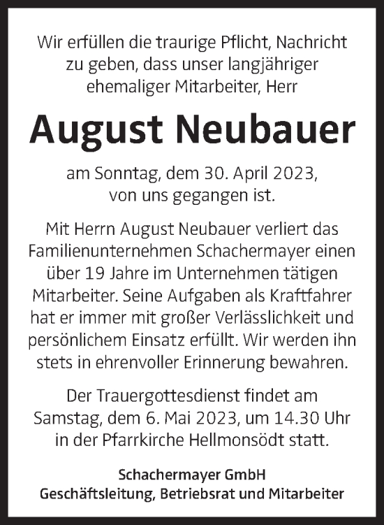Traueranzeige von August Neubauer von OÖNachrichten