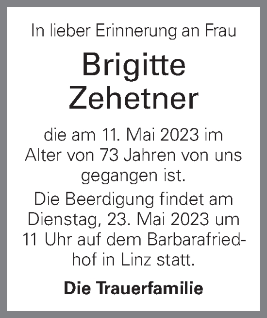Traueranzeige von Brigitte Zehetner von OÖNachrichten