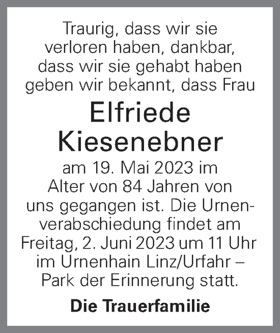 Traueranzeige von Elfriede Kiesenebner von OÖNachrichten