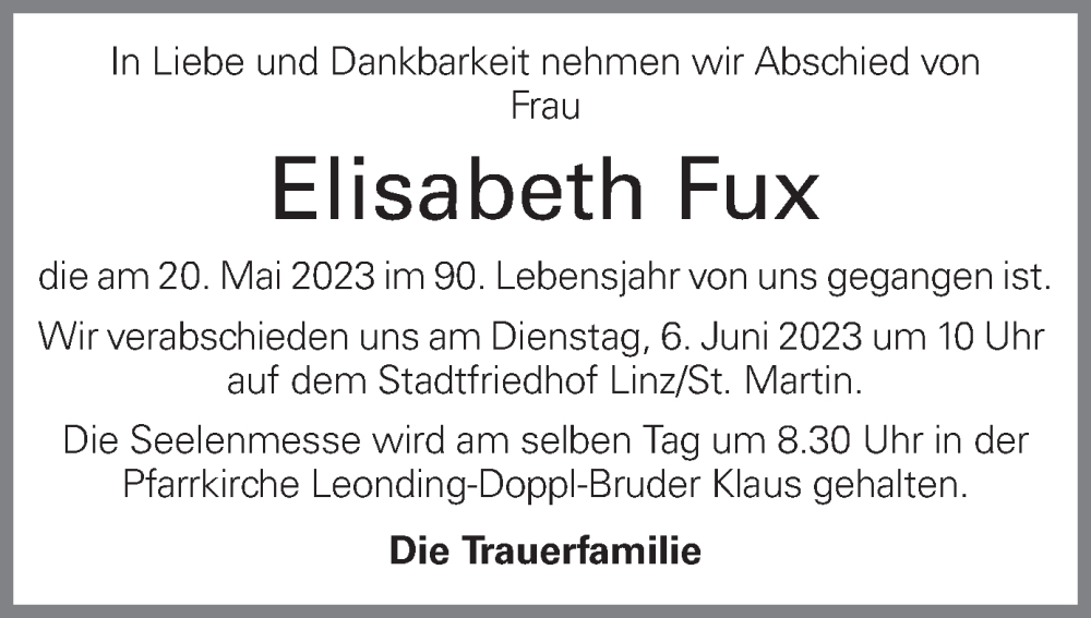  Traueranzeige für Elisabeth Fux vom 27.05.2023 aus OÖNachrichten