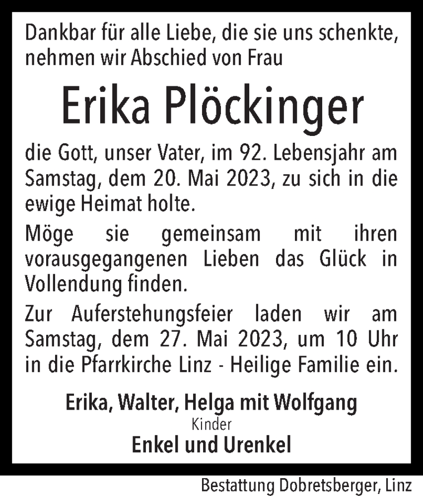  Traueranzeige für Erika Plöckinger vom 25.05.2023 aus OÖNachrichten