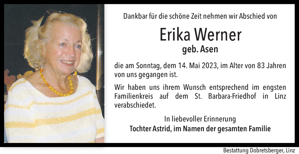  Traueranzeige für Erika Werner vom 27.05.2023 aus OÖNachrichten