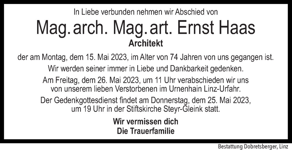  Traueranzeige für Ernst Haas vom 23.05.2023 aus OÖNachrichten