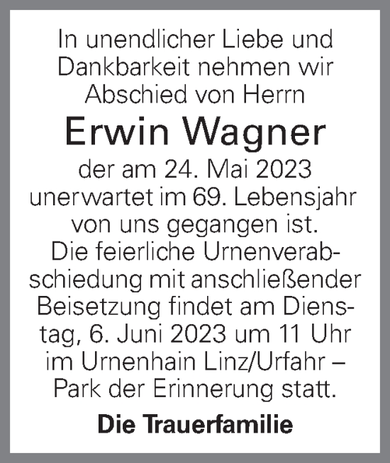 Traueranzeige von Erwin Wagner von OÖNachrichten