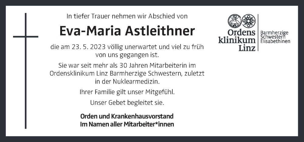  Traueranzeige für Eva-Maria Astleithner vom 30.05.2023 aus OÖNachrichten