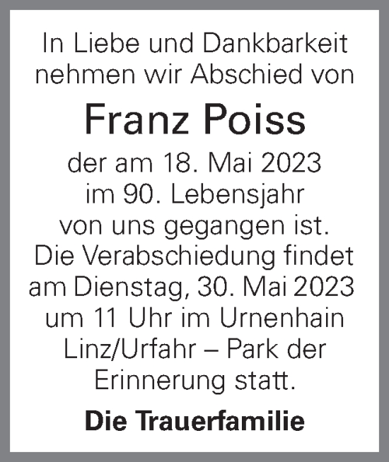 Traueranzeige von Franz Poiss von OÖNachrichten
