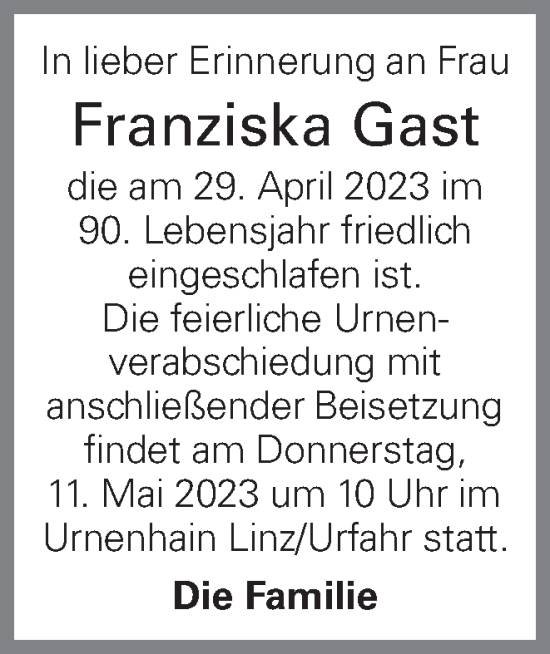 Traueranzeige von Franziska Gast von OÖNachrichten