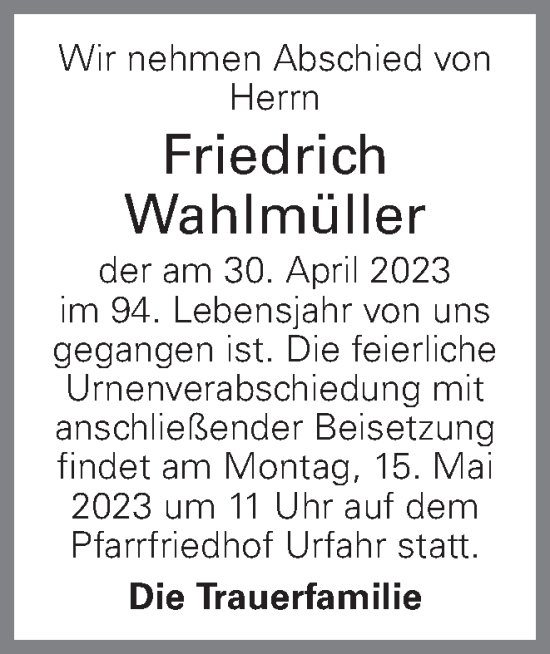 Traueranzeige von Friedrich Wahlmüller von OÖNachrichten
