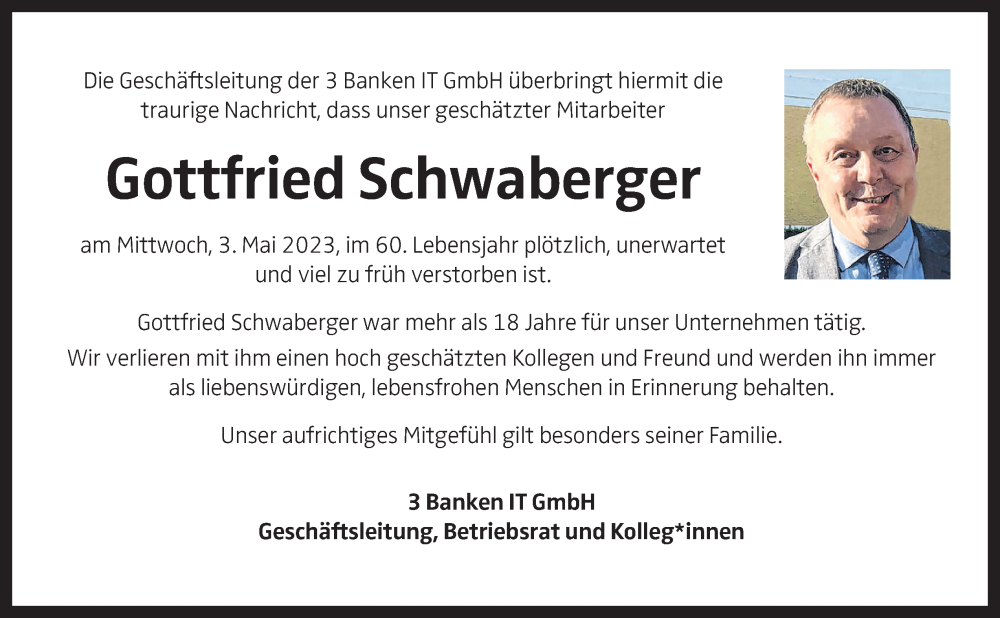  Traueranzeige für Gottfried Schwaberger vom 13.05.2023 aus OÖNachrichten