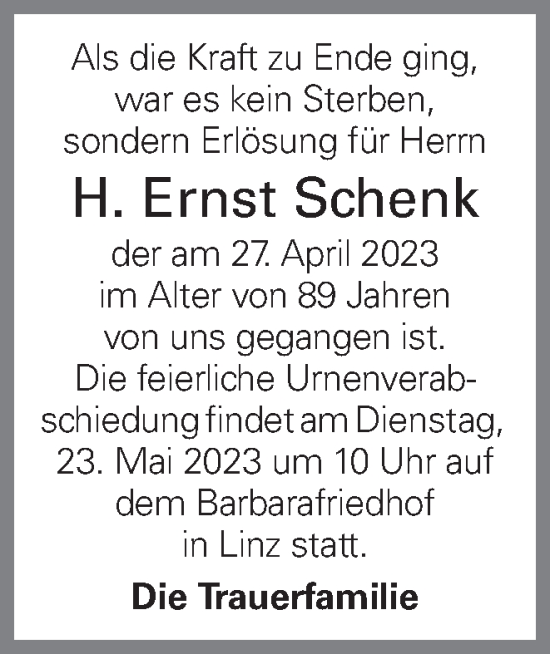 Traueranzeige von H. Ernst Schenk von OÖNachrichten