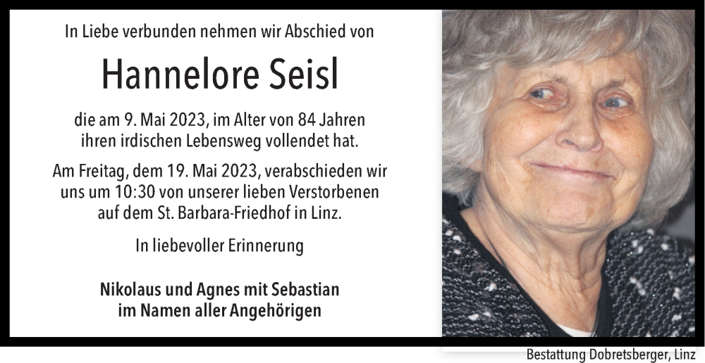  Traueranzeige für Hannelore Seisl vom 13.05.2023 aus OÖNachrichten