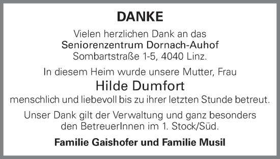 Traueranzeige von Hilde Dumfort von OÖNachrichten