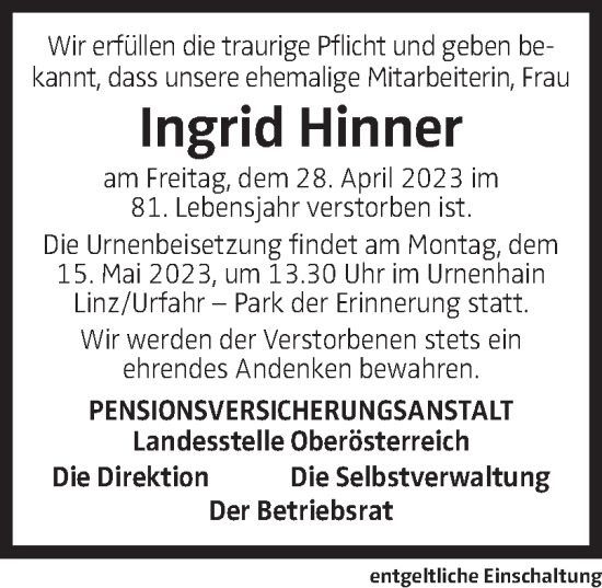 Traueranzeige von Ingrid Hinner von OÖNachrichten