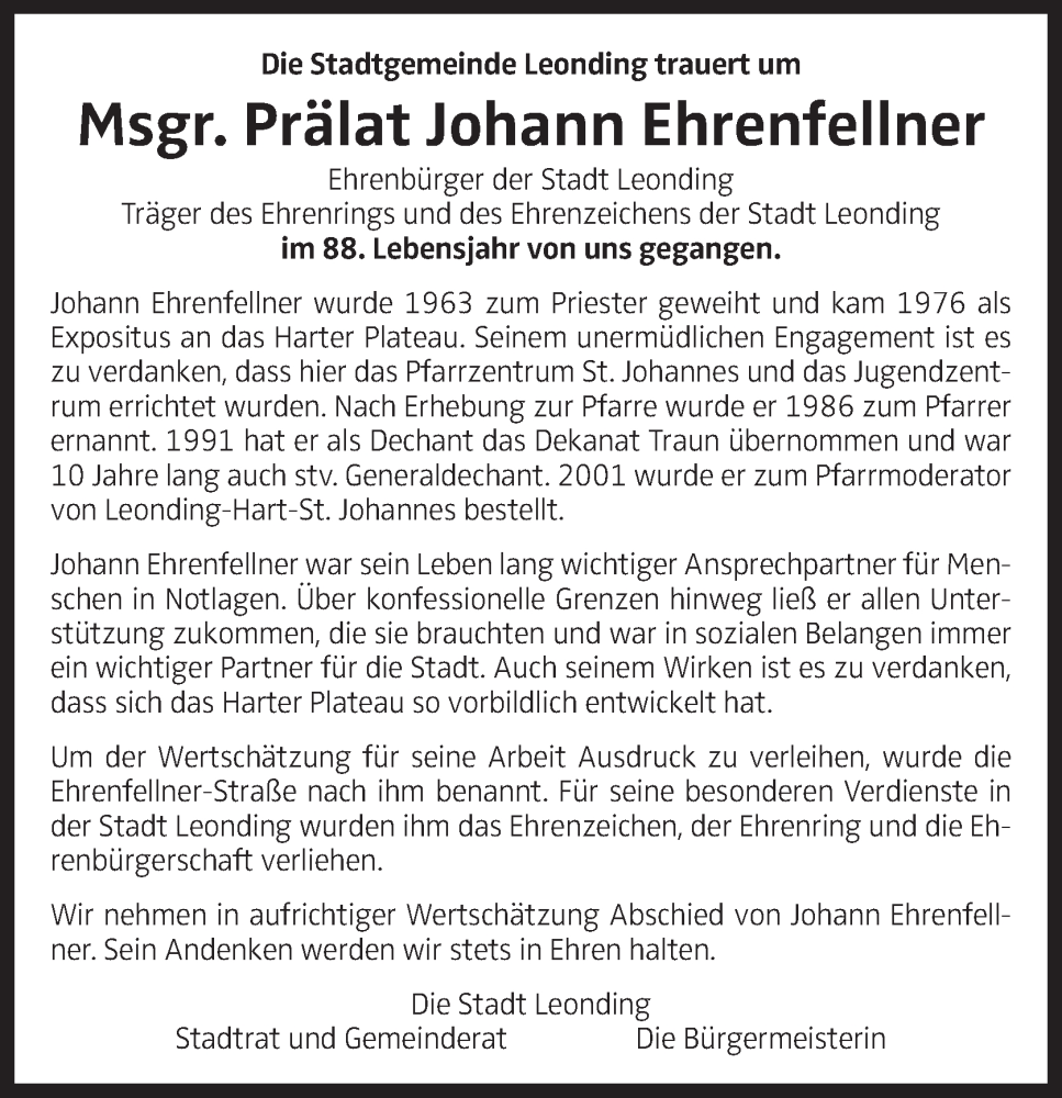  Traueranzeige für Johann Ehrenfellner vom 31.05.2023 aus OÖNachrichten