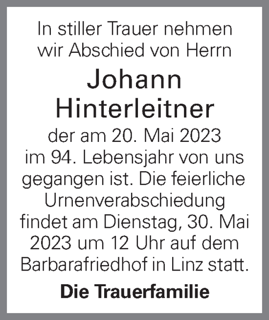 Traueranzeige von Johann Hinterleitner von OÖNachrichten
