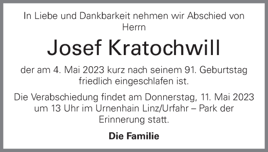 Traueranzeige von Josef Kratochwill von OÖNachrichten