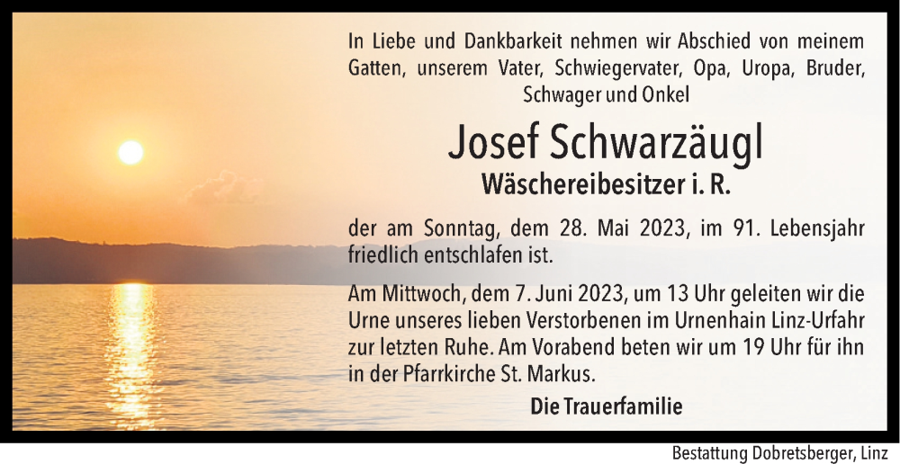  Traueranzeige für Josef Schwarzäugl vom 03.06.2023 aus OÖNachrichten