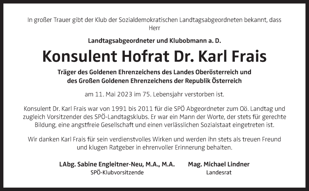  Traueranzeige für Karl Frais vom 20.05.2023 aus OÖNachrichten