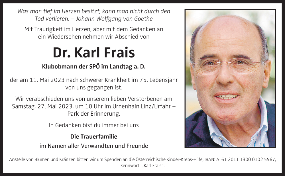  Traueranzeige für Karl Frais vom 20.05.2023 aus OÖNachrichten