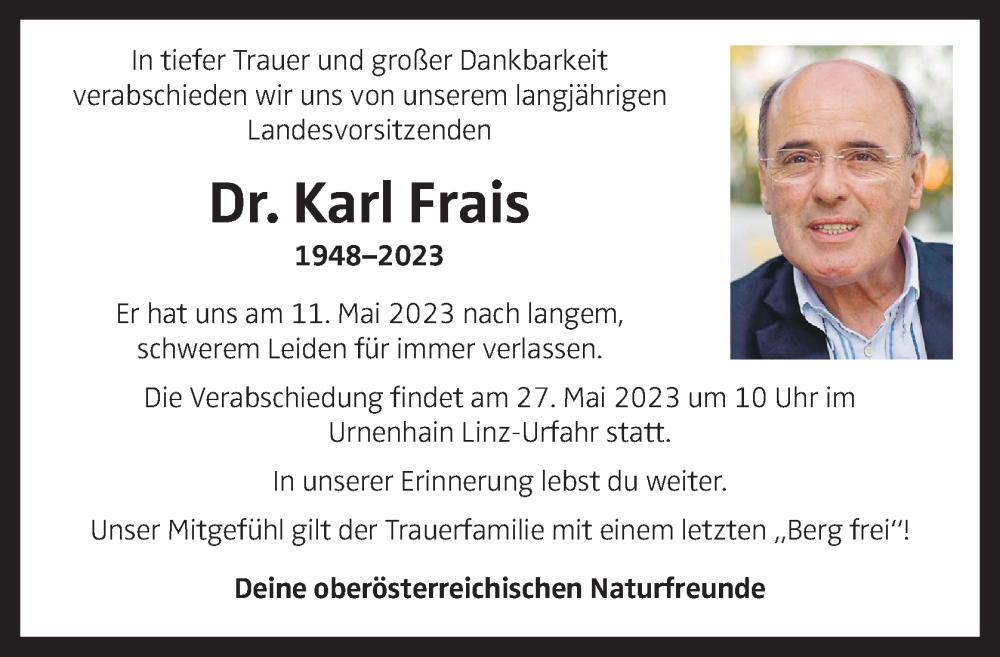  Traueranzeige für Karl Frais vom 17.05.2023 aus OÖNachrichten