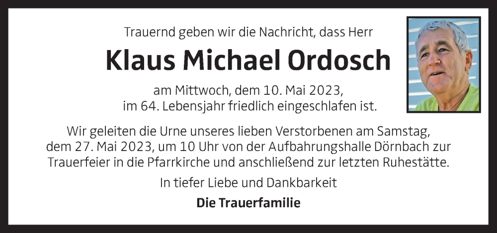  Traueranzeige für Klaus Michael Ordosch vom 20.05.2023 aus OÖNachrichten