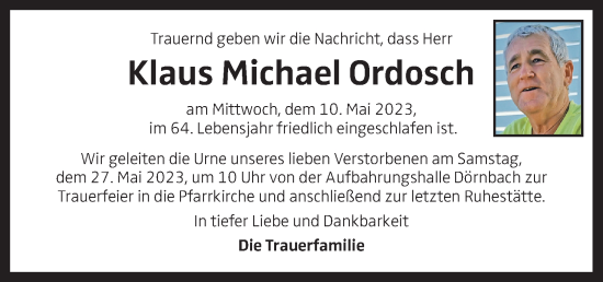 Traueranzeige von Klaus Michael Ordosch von OÖNachrichten