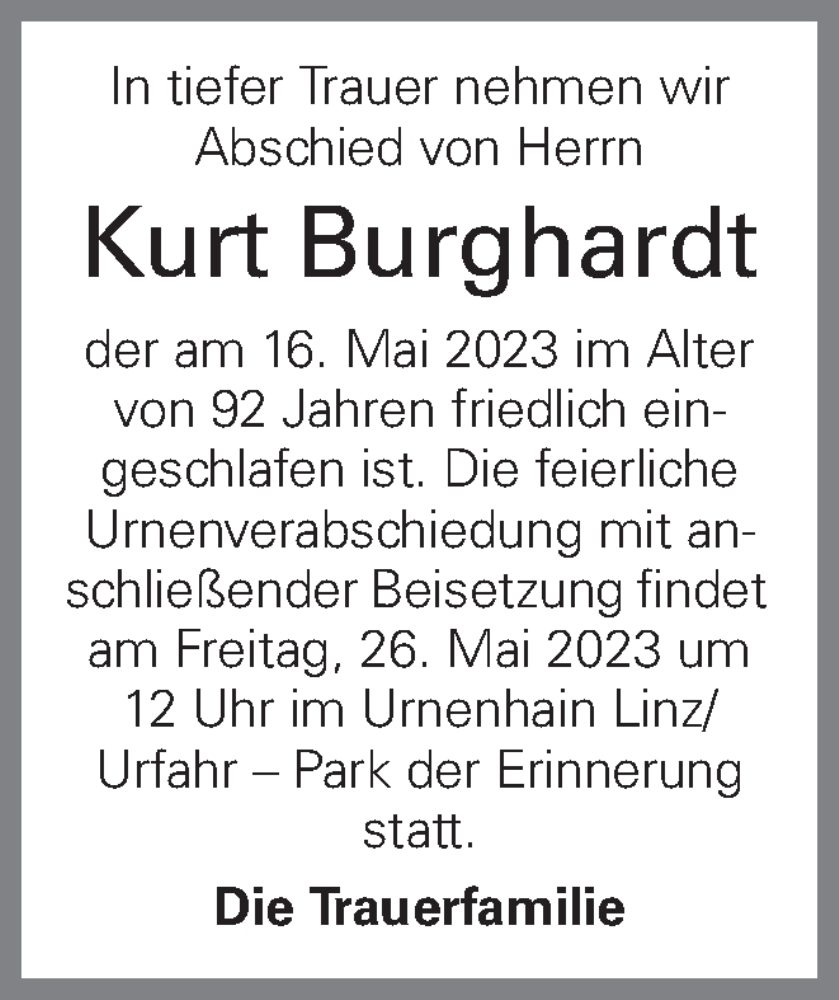  Traueranzeige für Kurt Burghardt vom 20.05.2023 aus OÖNachrichten
