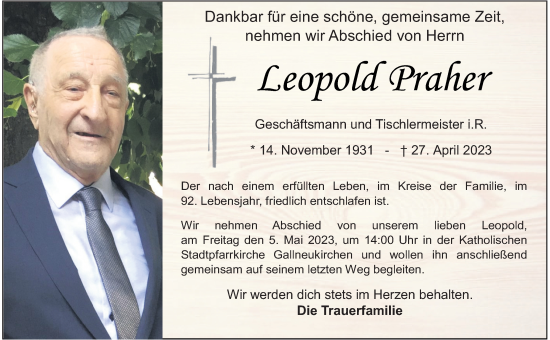 Traueranzeige von Leopold Praher von OÖNachrichten