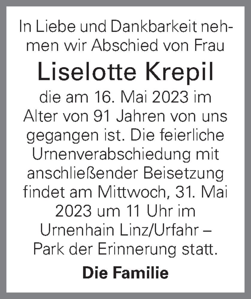  Traueranzeige für Liselotte Krepil vom 26.05.2023 aus OÖNachrichten