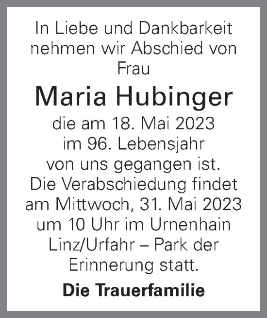 Traueranzeige von Maria Hubinger von OÖNachrichten