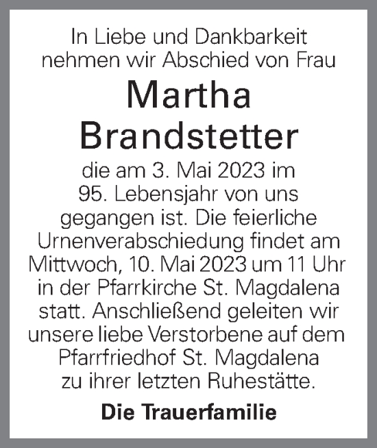 Traueranzeige von Martha Brandstetter von OÖNachrichten