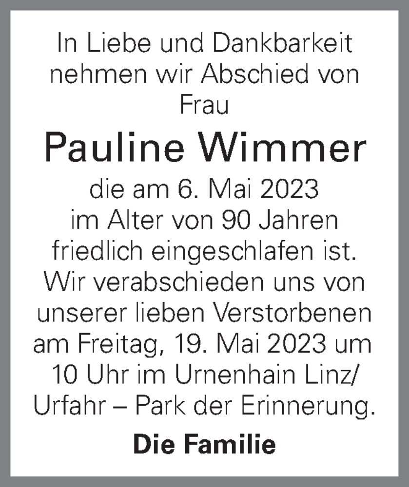  Traueranzeige für Pauline Wimmer vom 12.05.2023 aus OÖNachrichten