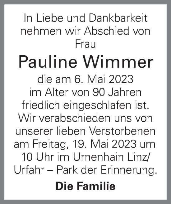 Traueranzeige von Pauline Wimmer von OÖNachrichten