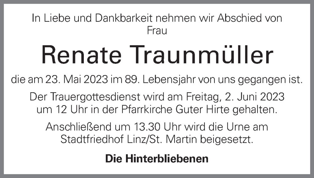  Traueranzeige für Renate Traunmüller vom 26.05.2023 aus OÖNachrichten