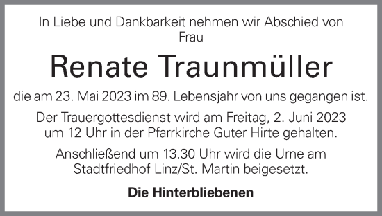 Traueranzeige von Renate Traunmüller von OÖNachrichten