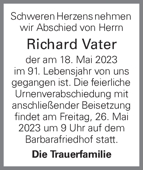 Traueranzeige von Richard Vater von OÖNachrichten