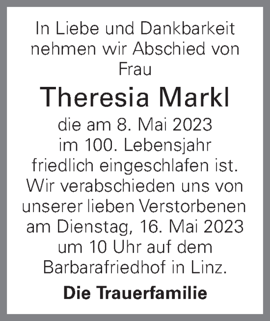 Traueranzeige von Theresia Markl von OÖNachrichten