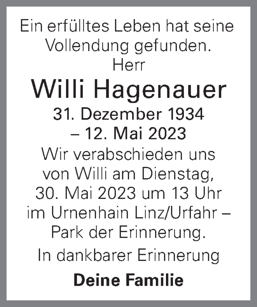  Traueranzeige für Willi Hagenauer vom 26.05.2023 aus OÖNachrichten