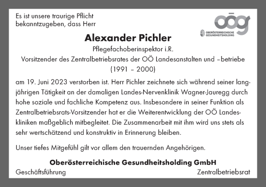 Traueranzeige von Alexander Pichler von OÖNachrichten