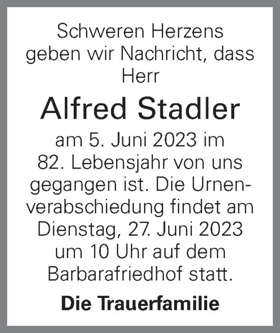 Traueranzeige von Alfred Stadler von OÖNachrichten