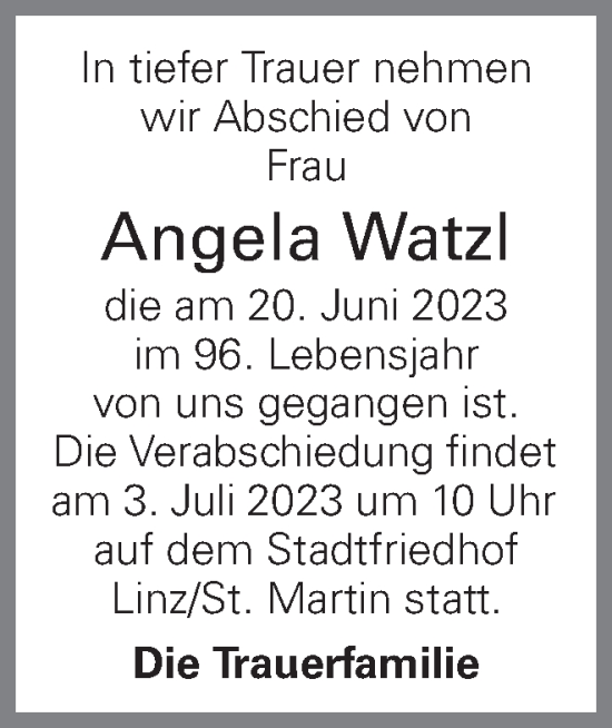 Traueranzeige von Angela Watzl von OÖNachrichten