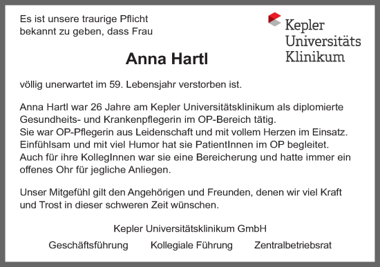 Traueranzeige von Anna Hartl von OÖNachrichten