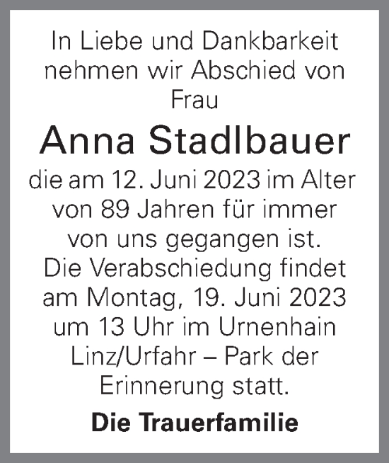 Traueranzeige von Anna Stadtbauer von OÖNachrichten